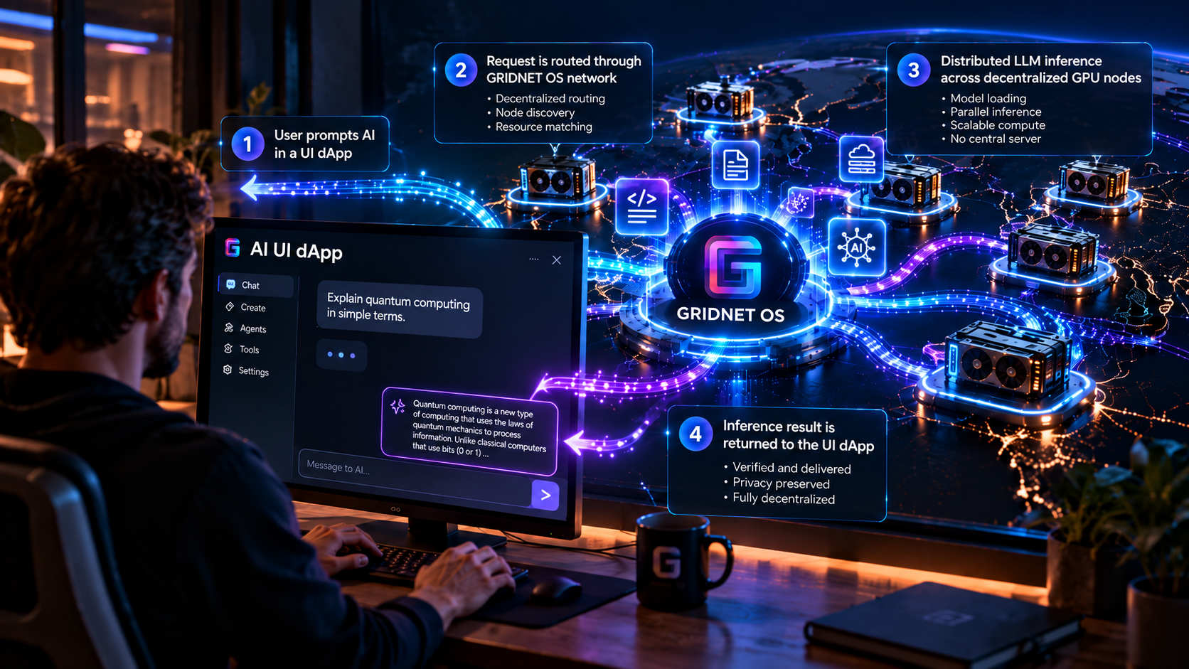 Illustration of the AI UI dApp in GRIDNET OS using the decentralised inference network